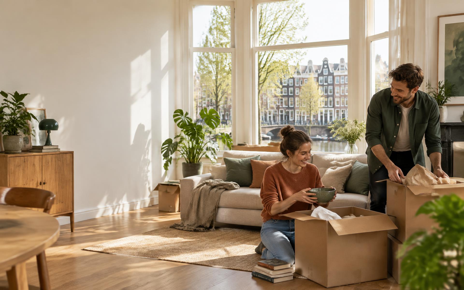 Een stel pakt verhuisdozen uit in hun nieuwe woning aan een Nederlandse gracht