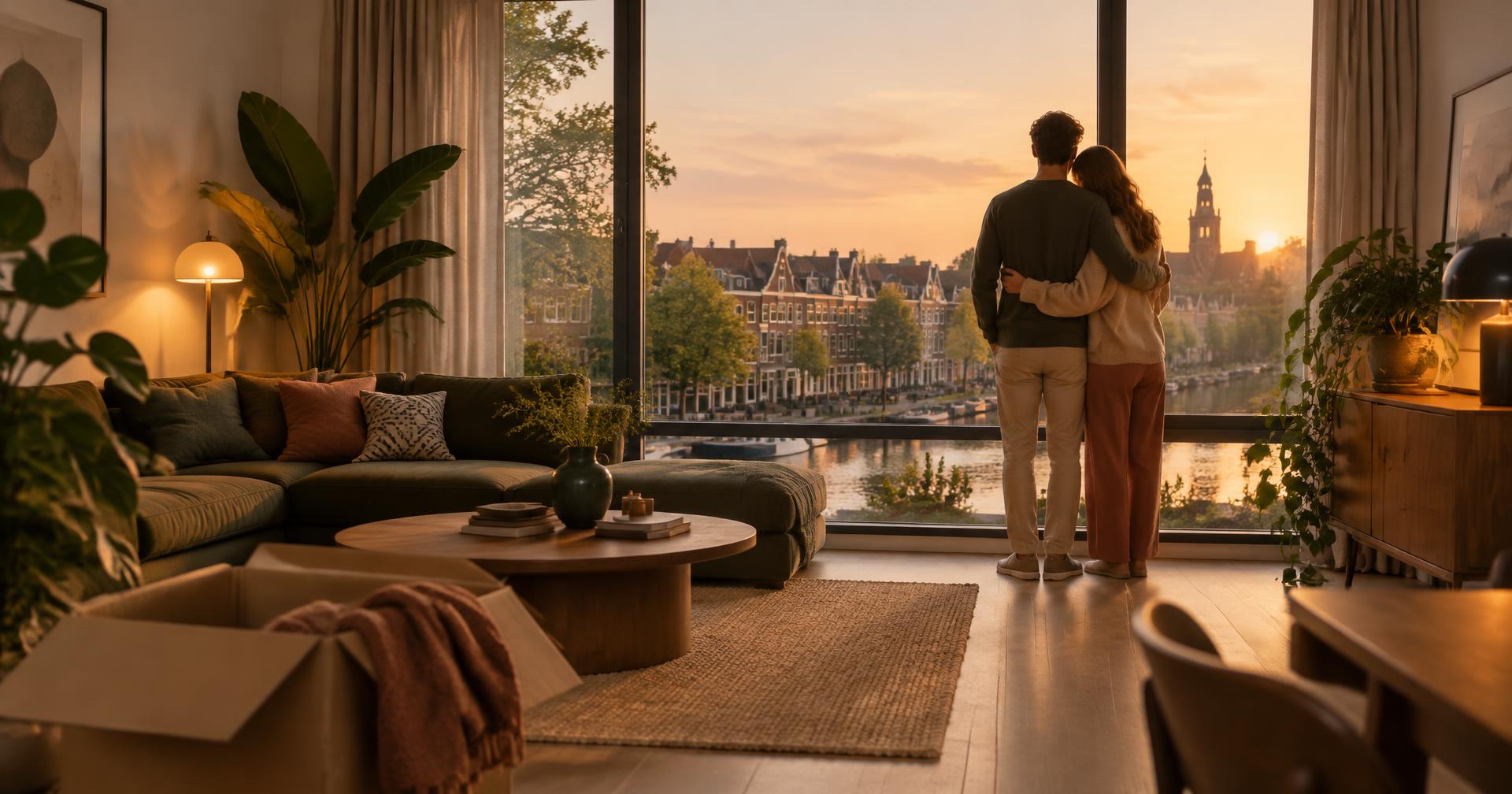 Een stel kijkt vanuit hun nieuwe woning uit over een Nederlandse stad